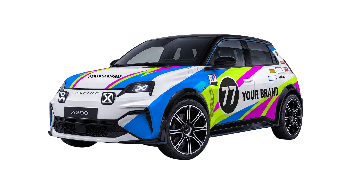 White Alpine A290 in vibrant rally livery carrying YOUR BRAND sponsorship